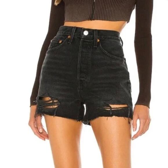 Re/Done Black Distressed Jean Shorts - Picture 1 of 8